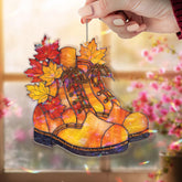 Autumn Boots Acrylic Suncatcher, Stained Glass Style Fall Leaves Window Hanging, Rustic Seasonal Home Decor Gift for Autumn Lovers